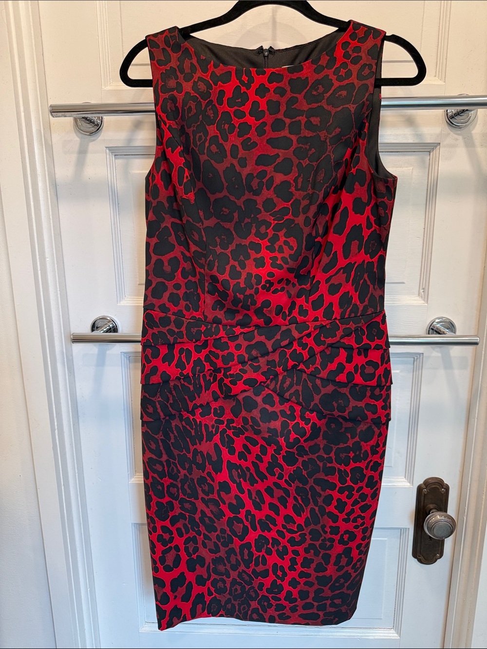 Cache Red and Black Leopard Print Sheath Dress